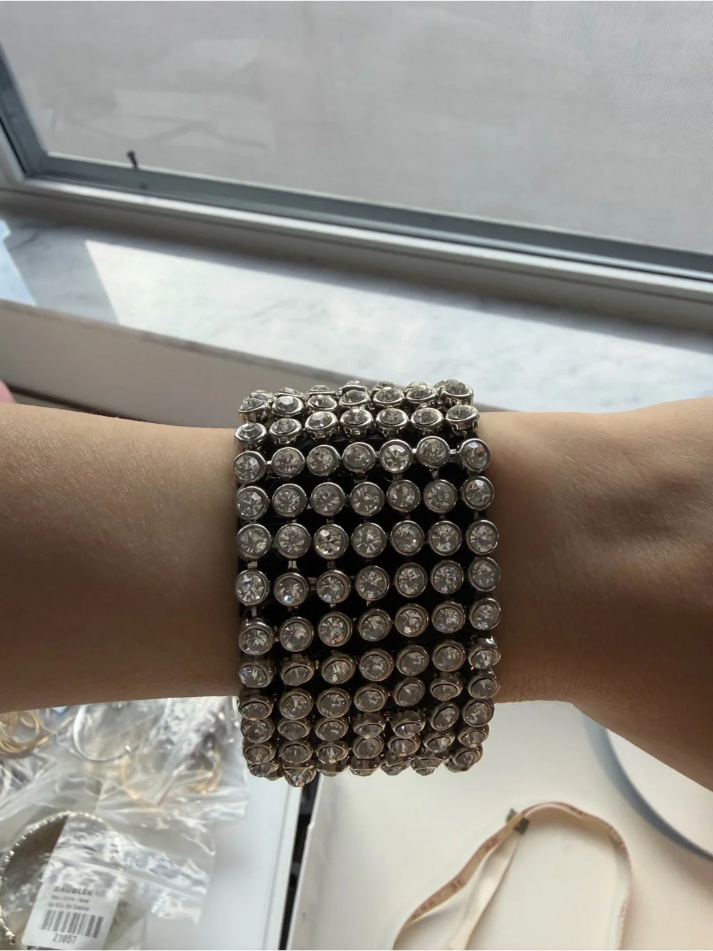 Silver Tone Multi-Row Rhinestone Statement Stretch Bracelet